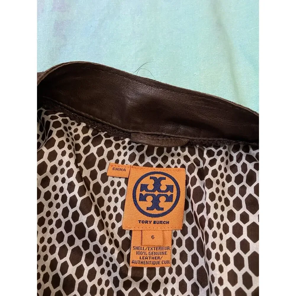 TORY BURCH Cordelia Scalloped 100% Lamb Leather Jacket Logo Buttons Long Size 6
